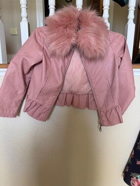 Monsoon Pink Faux Leather Jacket with Faux Fur Collar